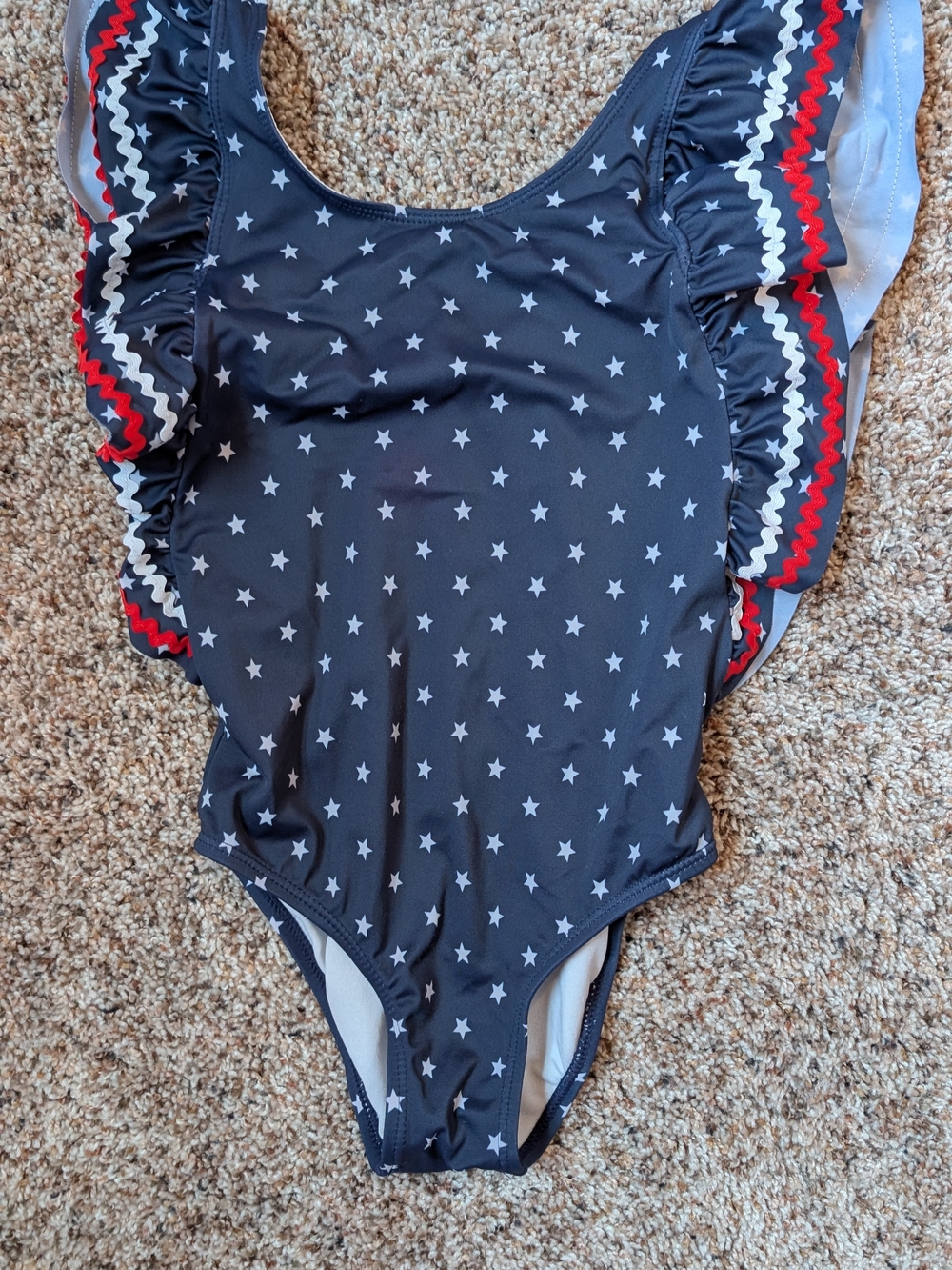 Janie and Jack Navy Star One-Piece Swimsuit with Red & White Ruffle Trim
